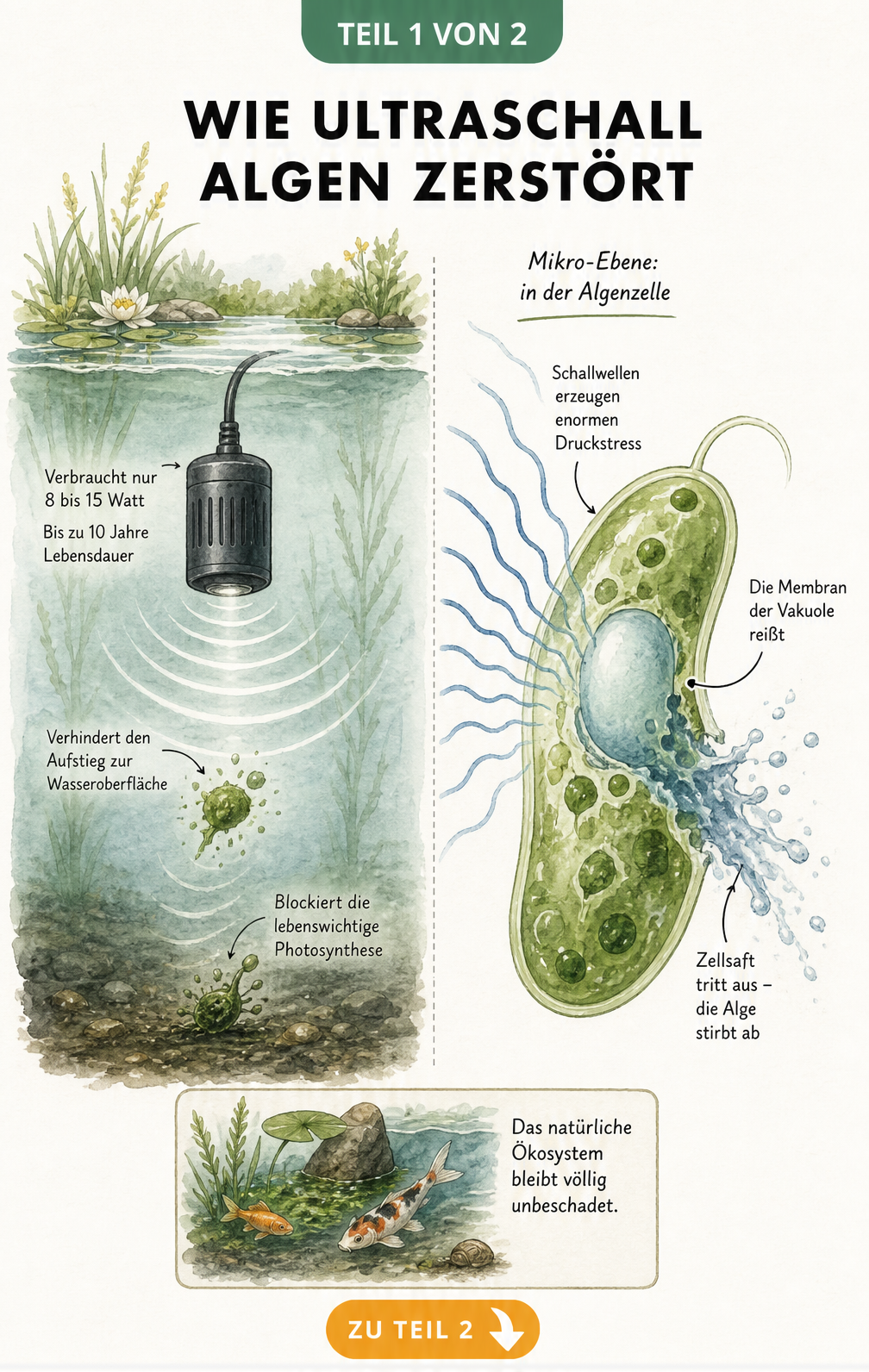 Illustration der Funktionsweise von Ultraschall gegen Algen im Teich und auf Zellebene