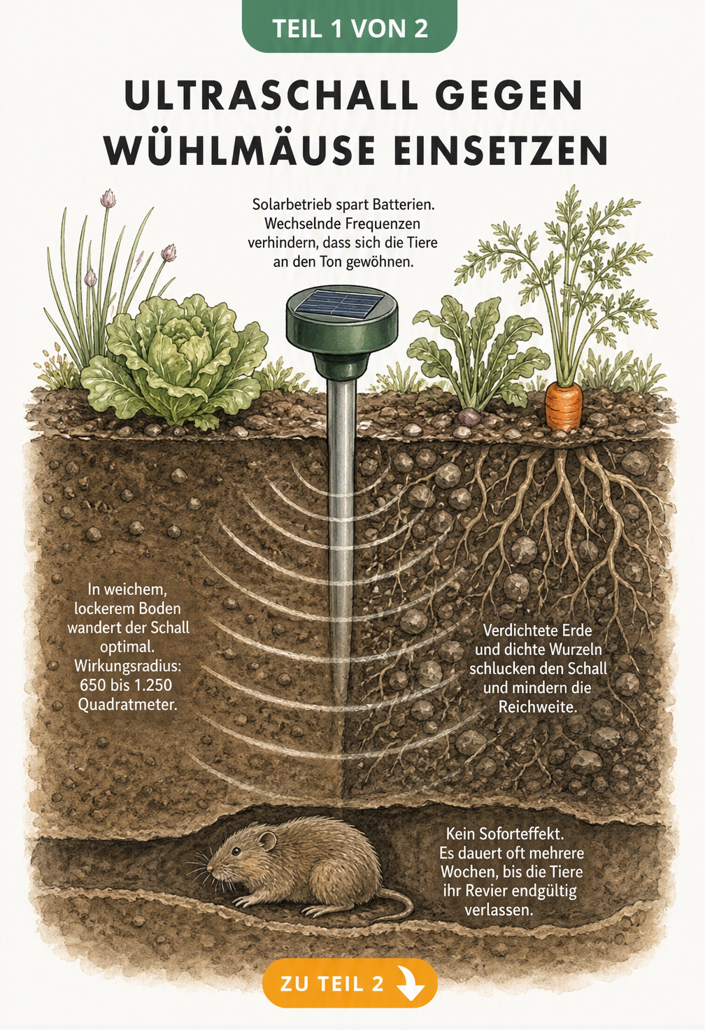 Querschnitt eines Gartenbeets zeigt die Ausbreitung von Ultraschallwellen gegen Wühlmäuse im Boden