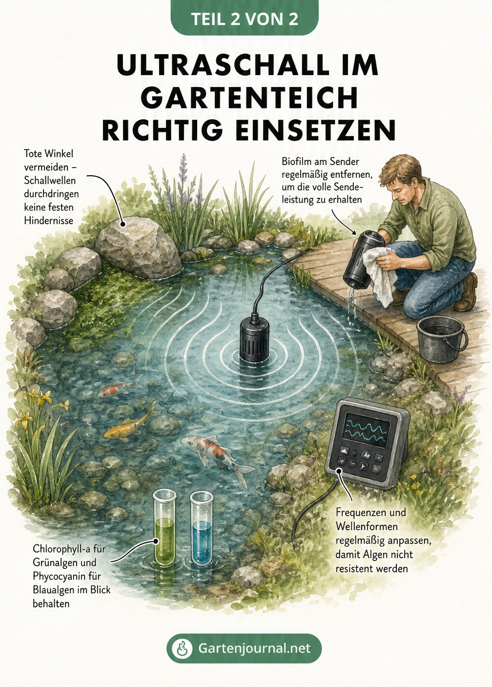 Isometrische Darstellung eines Gartenteichs mit Ultraschallgerät zur Algenbekämpfung