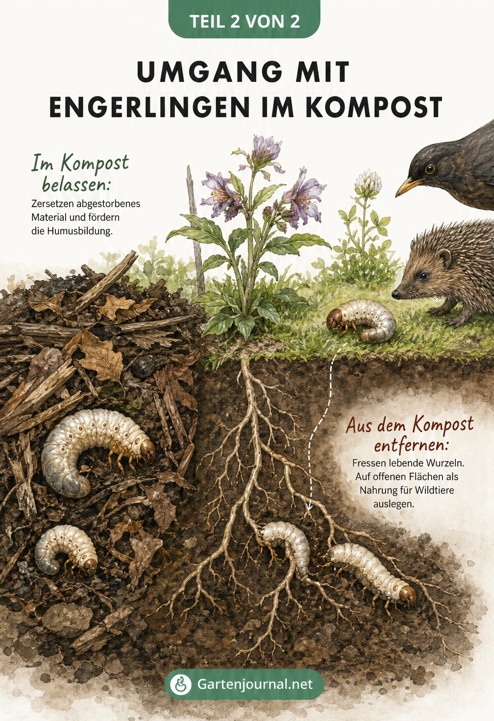 Querschnitt eines Gartens, der nützliche Engerlinge im Kompost und schädliche Engerlinge an Pflanzenwurzeln zeigt