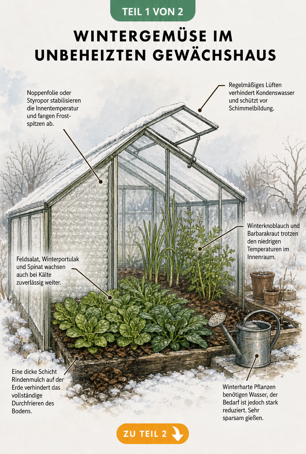 Querschnitt eines unbeheizten Gewächshauses im Winter mit Schnee, Noppenfolie, Rindenmulch und winterhartem Gemüse wie Feldsalat und Spinat