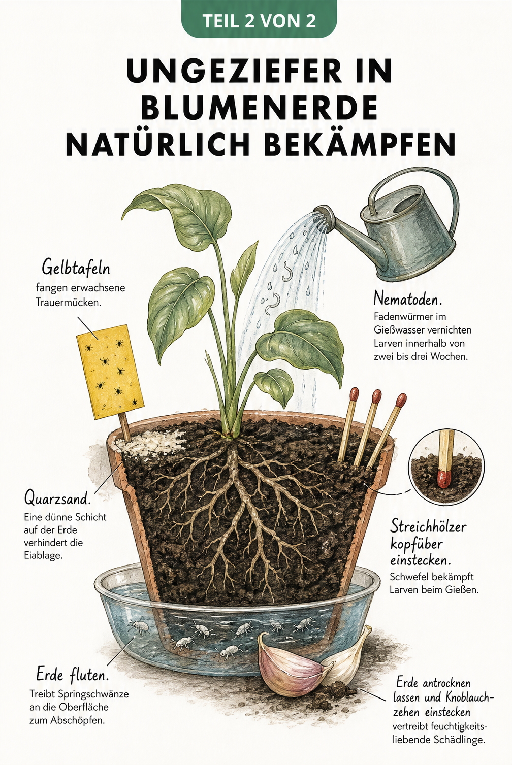 Illustration einer Zimmerpflanze mit Methoden zur Schädlingsbekämpfung wie Gelbtafeln, Quarzsand, Nematoden und Streichhölzern
