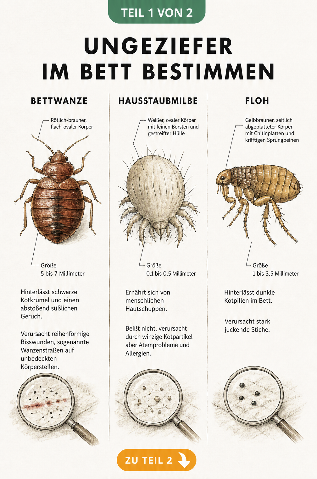 Illustrationen von Bettwanze, Hausstaubmilbe und Floh mit anatomischen Merkmalen und Größenverhältnissen