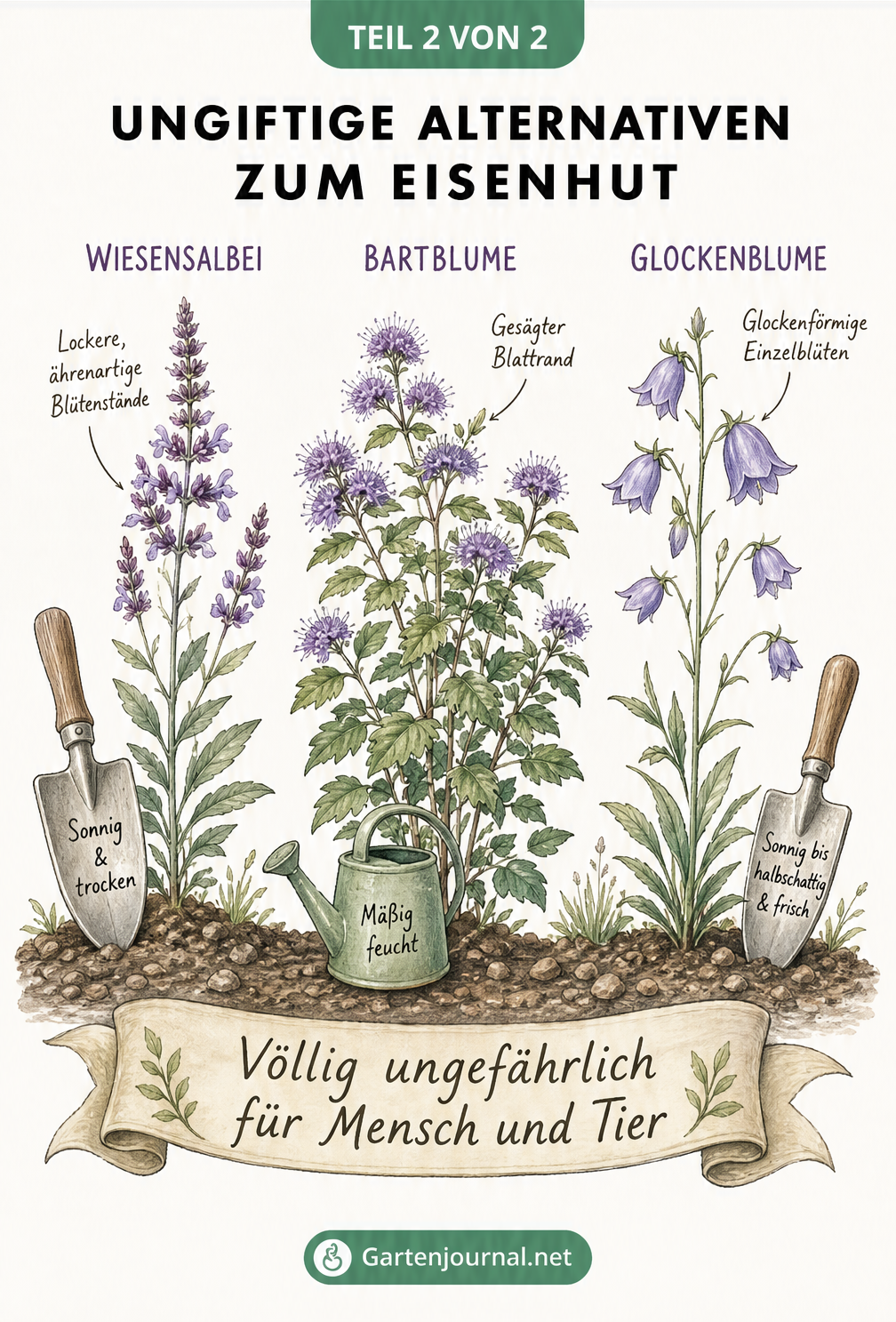 Illustration von Wiesensalbei, Bartblume und Glockenblume als ungiftige Alternativen zum Eisenhut