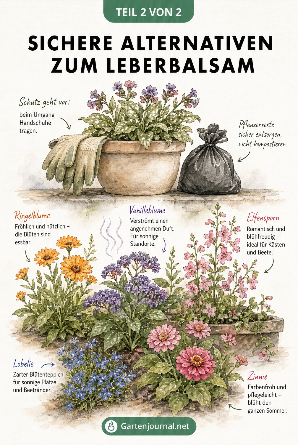 Aquarell-Illustration mit sicheren Alternativen zum Leberbalsam wie Ringelblume und Vanilleblume