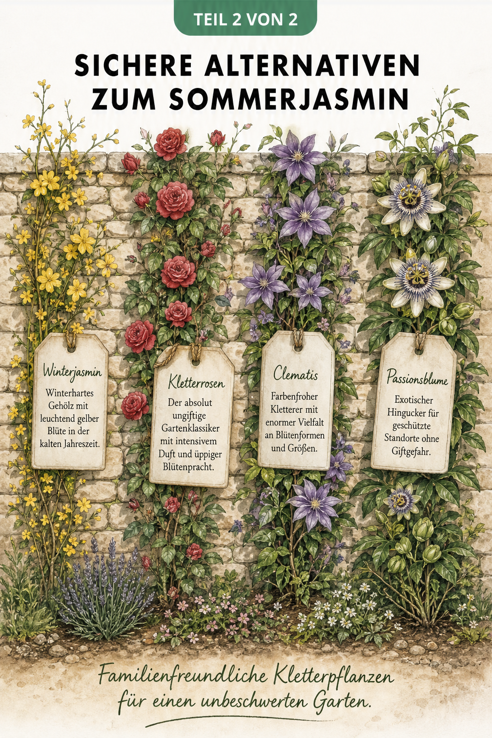 Illustration einer Gartenmauer mit ungiftigen Kletterpflanzen wie Winterjasmin, Kletterrosen, Clematis und Passionsblume