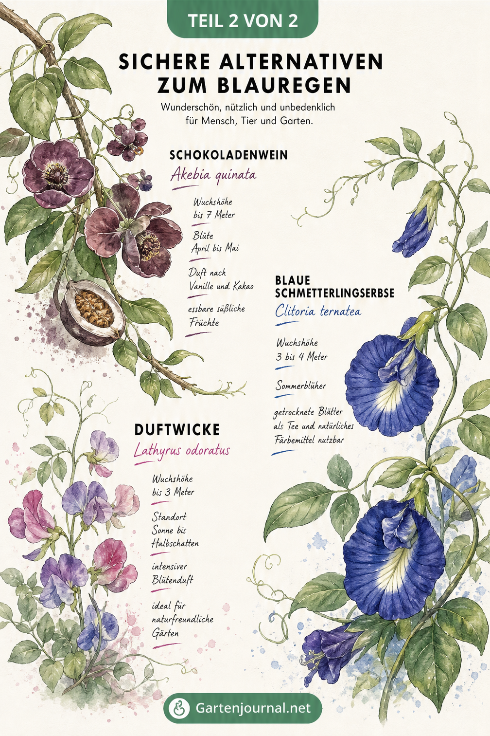 Illustration von drei ungiftigen Kletterpflanzen: Schokoladenwein, Blaue Schmetterlingserbse und Duftwicke mit botanischen Fakten