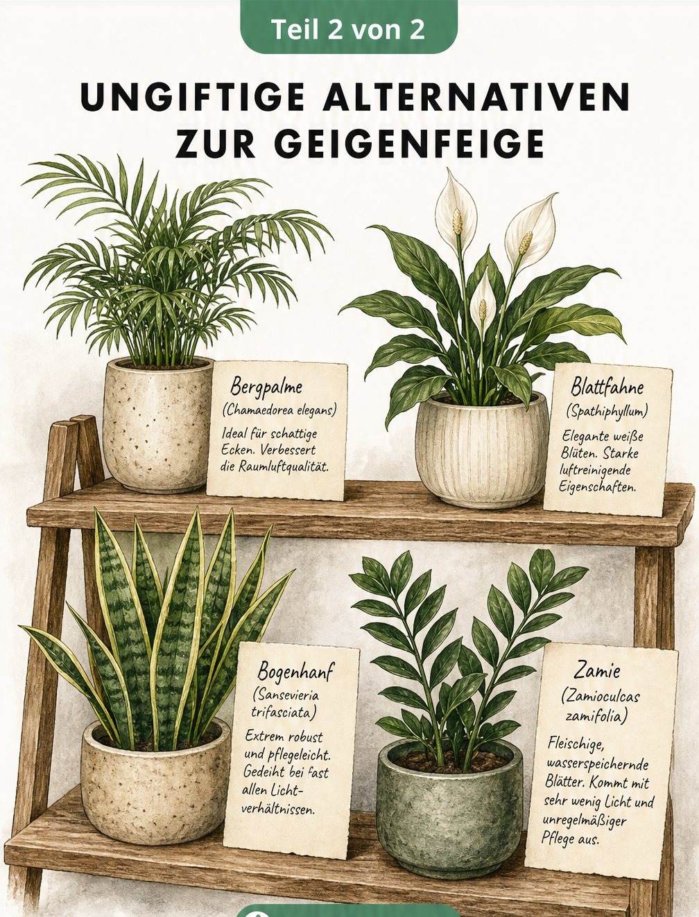 Illustration eines Pflanzenregals mit ungiftigen Zimmerpflanzen wie Bergpalme, Blattfahne, Bogenhanf und Zamie