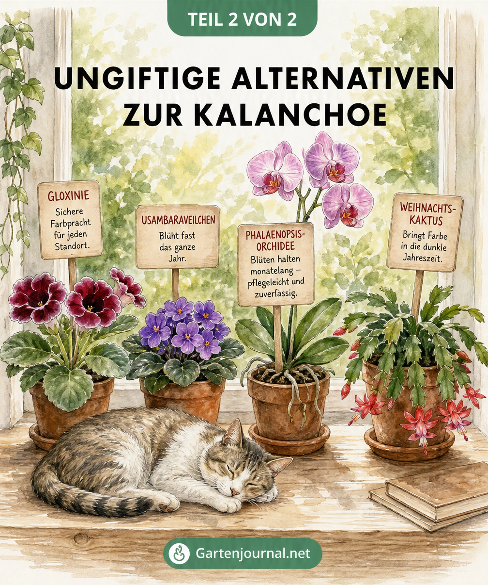 Aquarell-Illustration einer Fensterbank mit schlafender Katze und ungiftigen Zimmerpflanzen wie Gloxinie und Usambaraveilchen