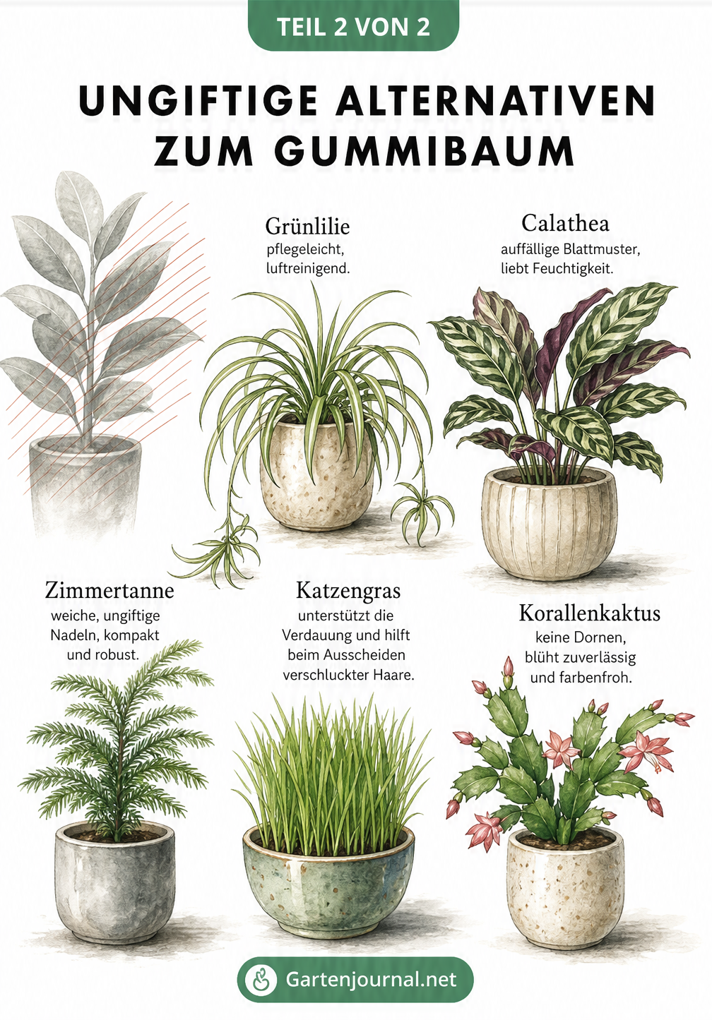 Aquarell-Zeichnung von fünf ungiftigen Zimmerpflanzen für Katzen, darunter Grünlilie, Calathea und Katzengras.