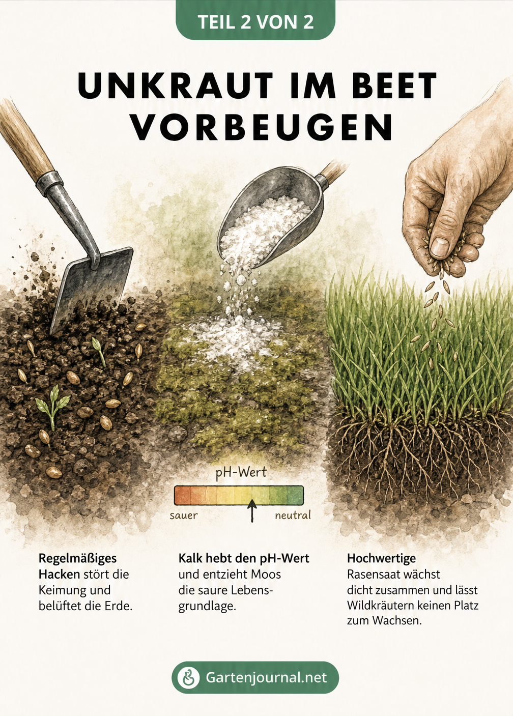 Dreigeteilte Bodenschnitt-Grafik: Links lockert eine Hacke die Erde, mittig wird Gartenkalk gegen Moos gestreut, rechts wächst dichte Rasensaat.