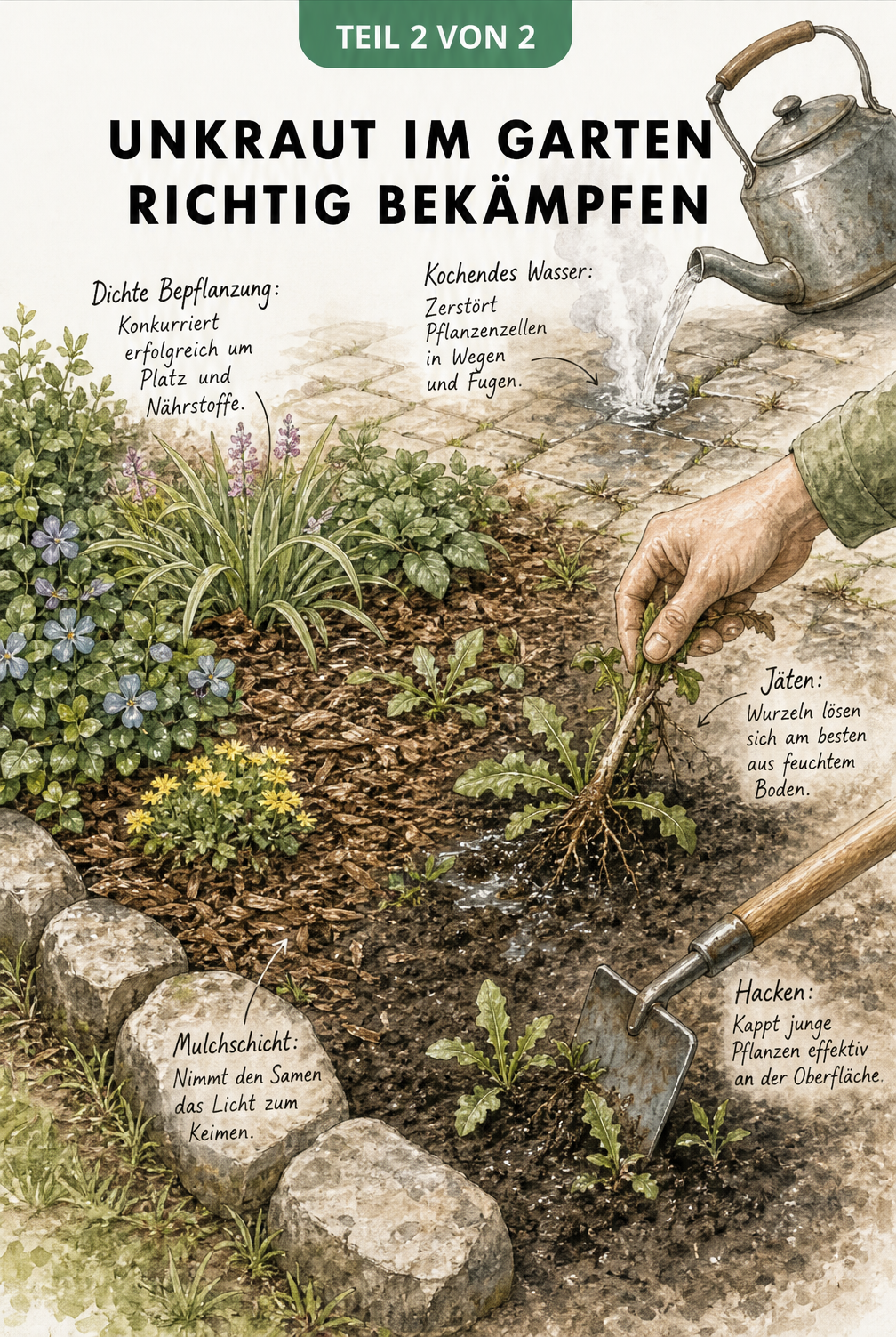 Aquarell-Illustration eines Gartenbeets, die Mulchen, Jäten, Hacken und kochendes Wasser zur Unkrautbekämpfung zeigt.