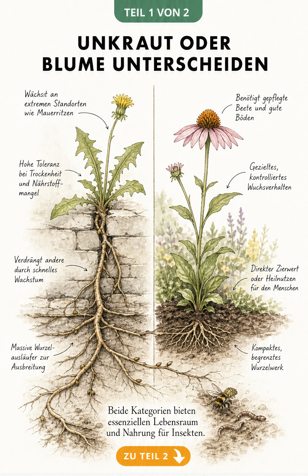 Illustration einer wild wuchernden Pflanze und einer kultivierten Gartenblume im Vergleich ihrer Wurzeln und Wuchseigenschaften
