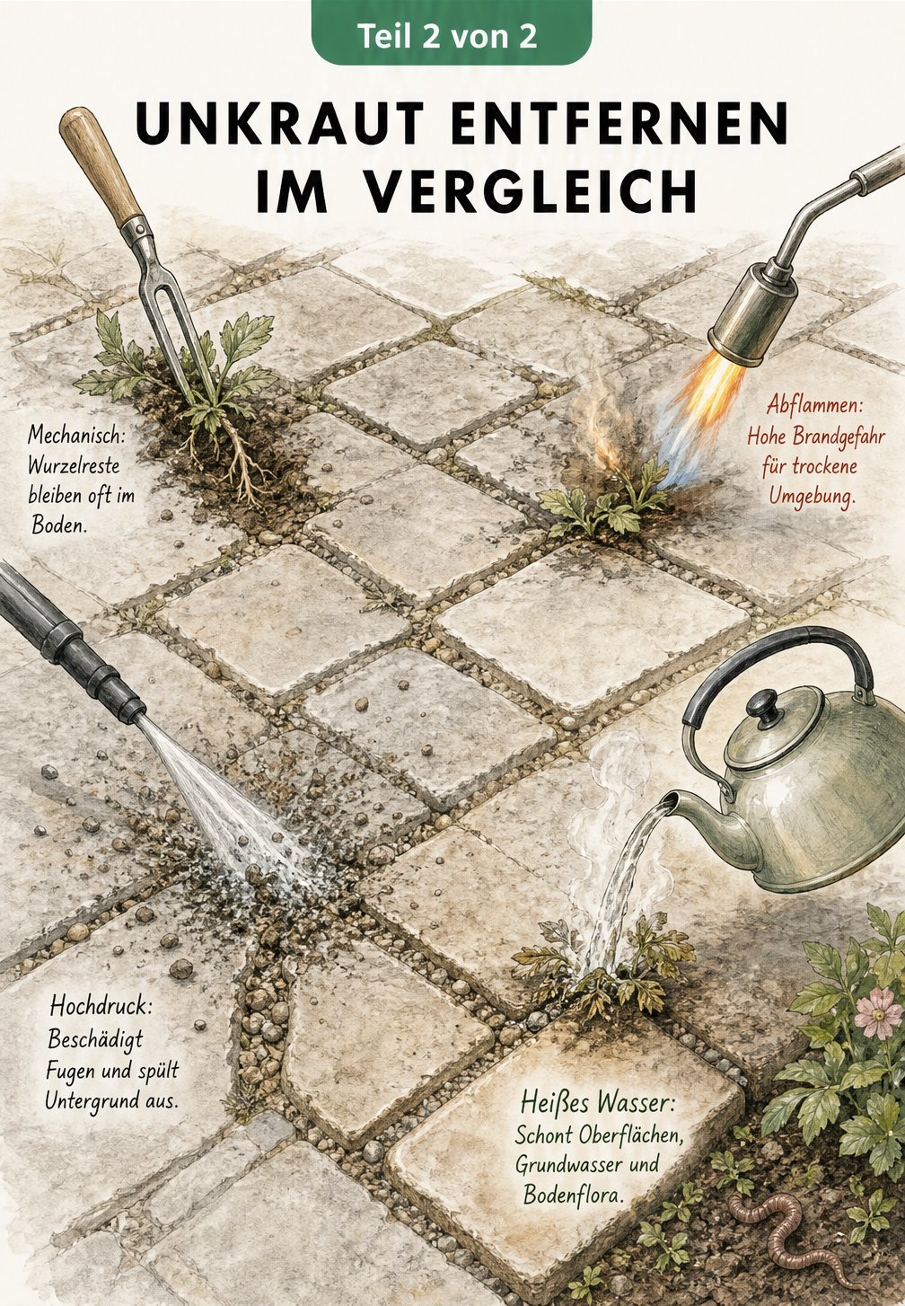 Vergleich verschiedener Methoden zur Unkrautentfernung auf einem Gartenweg: Mechanisch, Abflammen, Hochdruckreiniger und heißes Wasser.