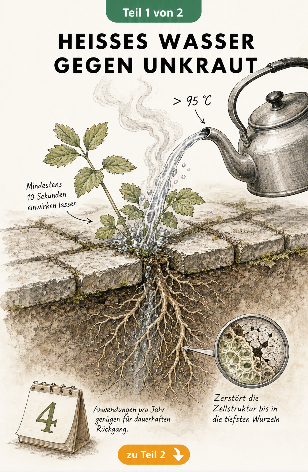 Schnittdarstellung eines Pflastersteins mit Unkraut, das mit heißem Wasser aus einem Teekessel übergossen wird, um die Wurzeln zu zerstören.
