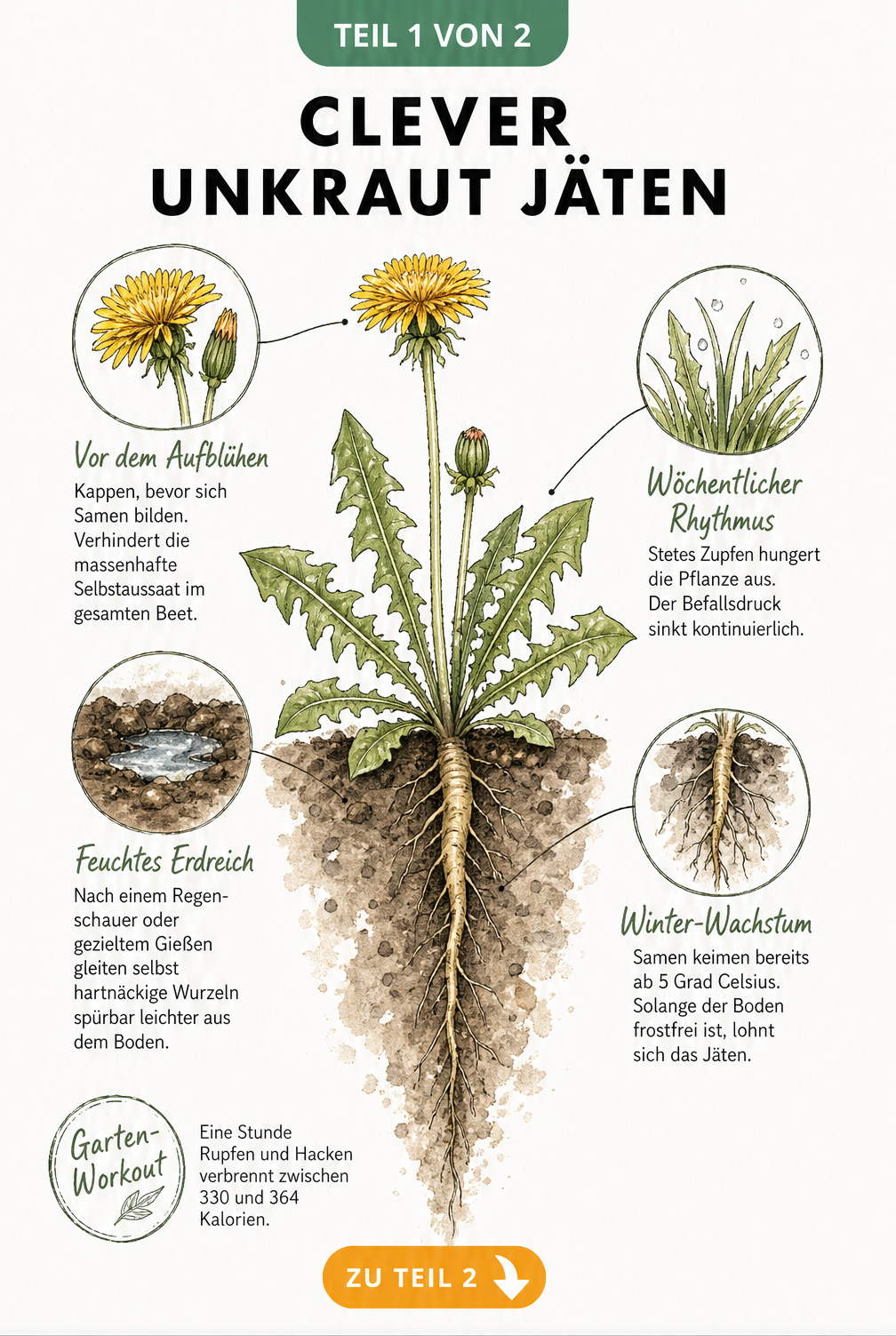Botanische Illustration einer Unkrautpflanze mit Tipps zum richtigen Zeitpunkt und Rhythmus beim Jäten