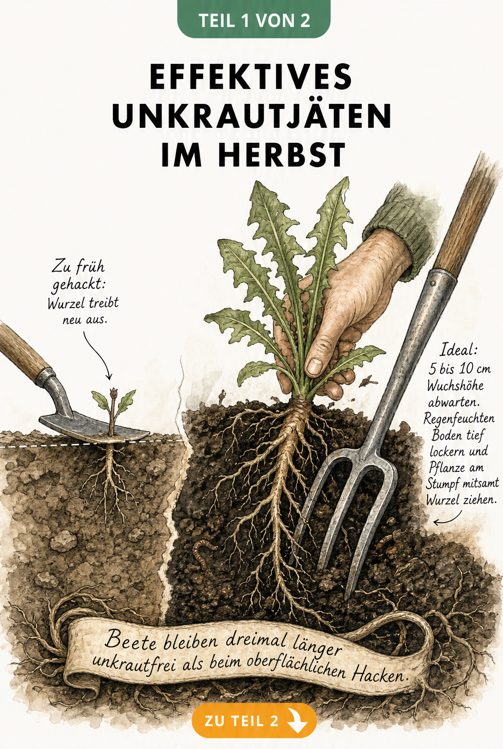 Querschnitt durch den Gartenboden: Vergleich zwischen zu frühem oberflächlichem Hacken und idealem tiefen Jäten von Unkraut.