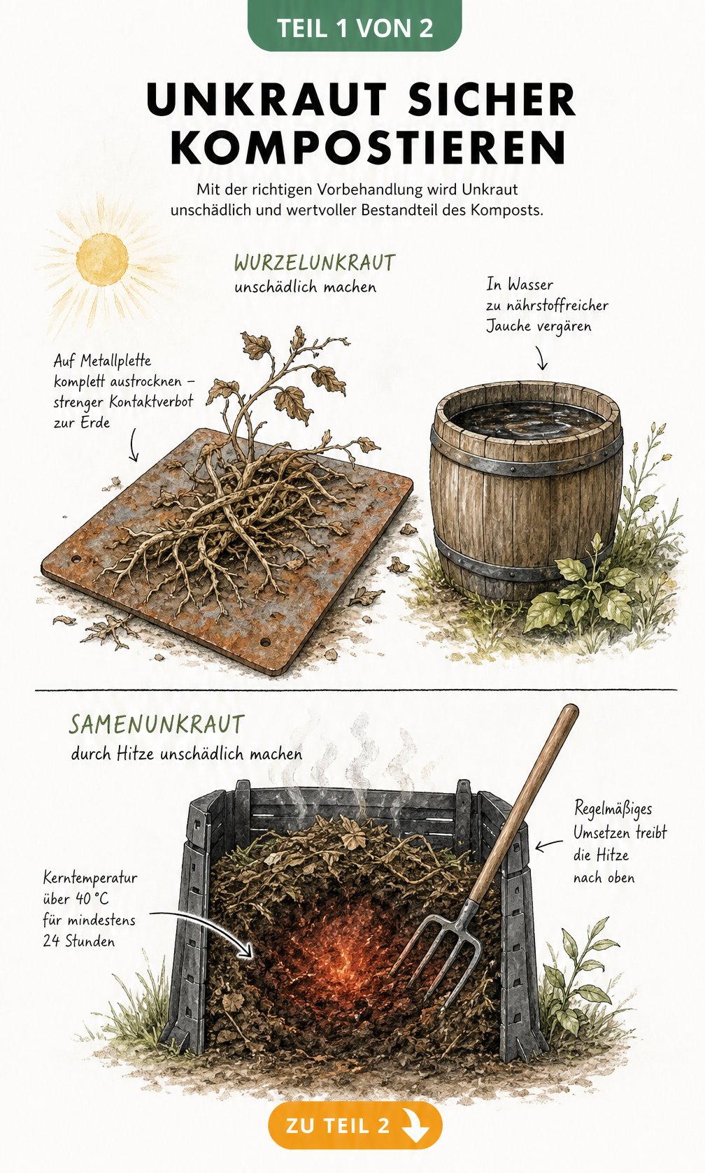 Skizze zur Vorbehandlung von Wurzelunkräutern auf einer Eisenplatte und im Wasserfass sowie Samenunkräutern im Schnellkomposter
