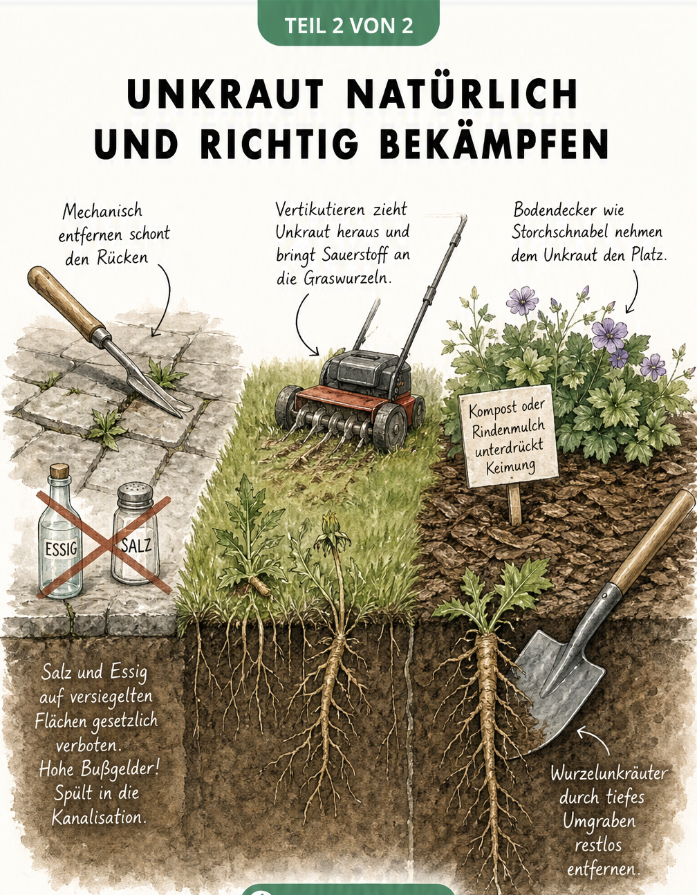 Querschnitt durch einen Garten mit Pflasterfugen, Rasen und Beet, der mechanische und biologische Methoden zur Unkrautbekämpfung zeigt