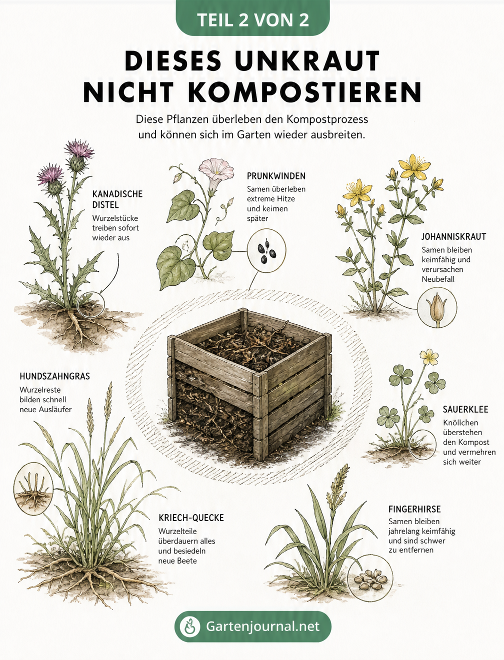 Botanische Zeichnung von sieben Unkräutern wie Kanadische Distel und Giersch, die nicht auf den Kompost gehören
