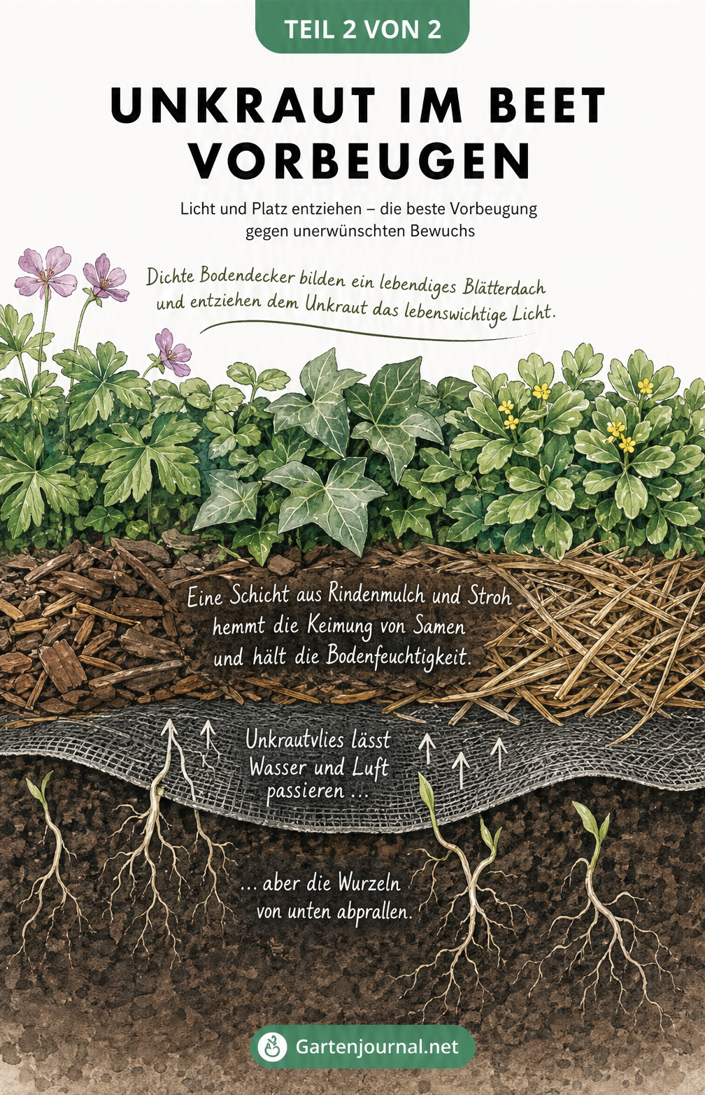 Querschnitt eines Beetes mit Bodendeckern, Rindenmulch und Unkrautvlies zur Vorbeugung von Unkraut