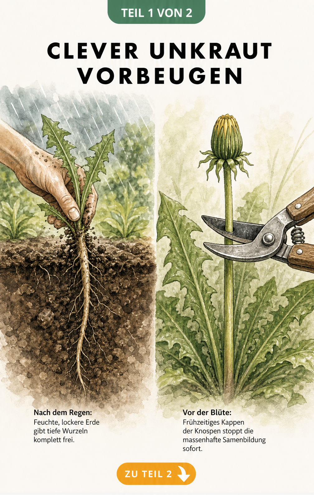 Zweigeteilte Illustration: Links wird ein Wildkraut nach dem Regen mit langer Wurzel aus feuchter Erde gezogen, rechts wird eine Löwenzahnknospe vor der Blüte...