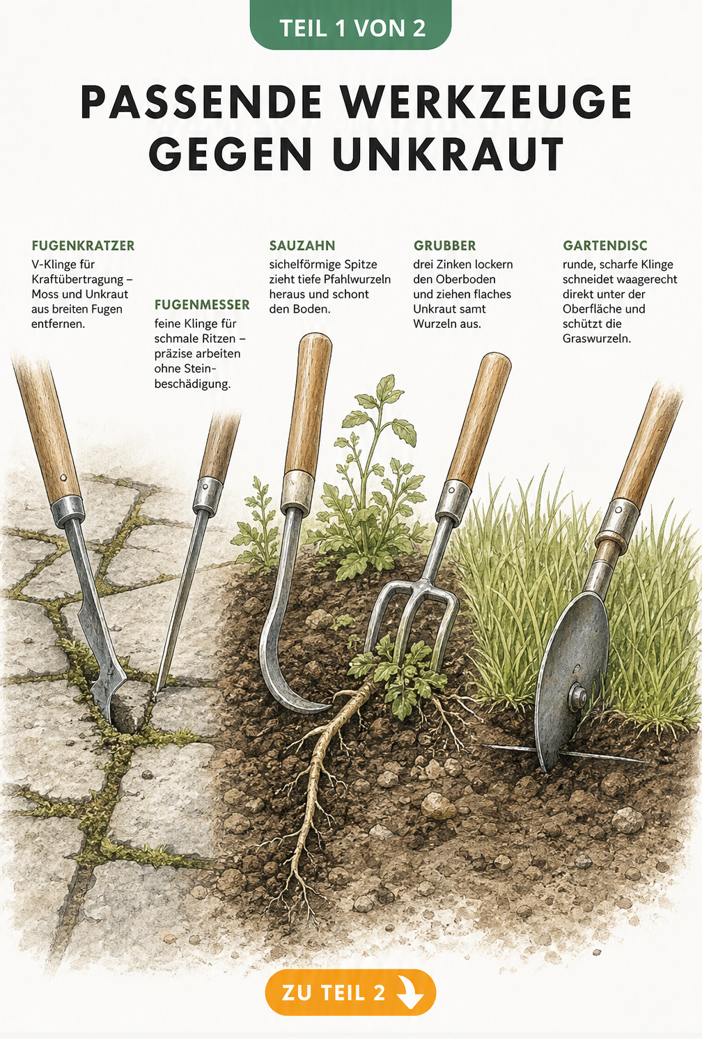Illustration verschiedener Unkrautwerkzeuge im Einsatz: Fugenkratzer auf Pflaster, Sauzahn im Beet und Gartendisc im Rasen
