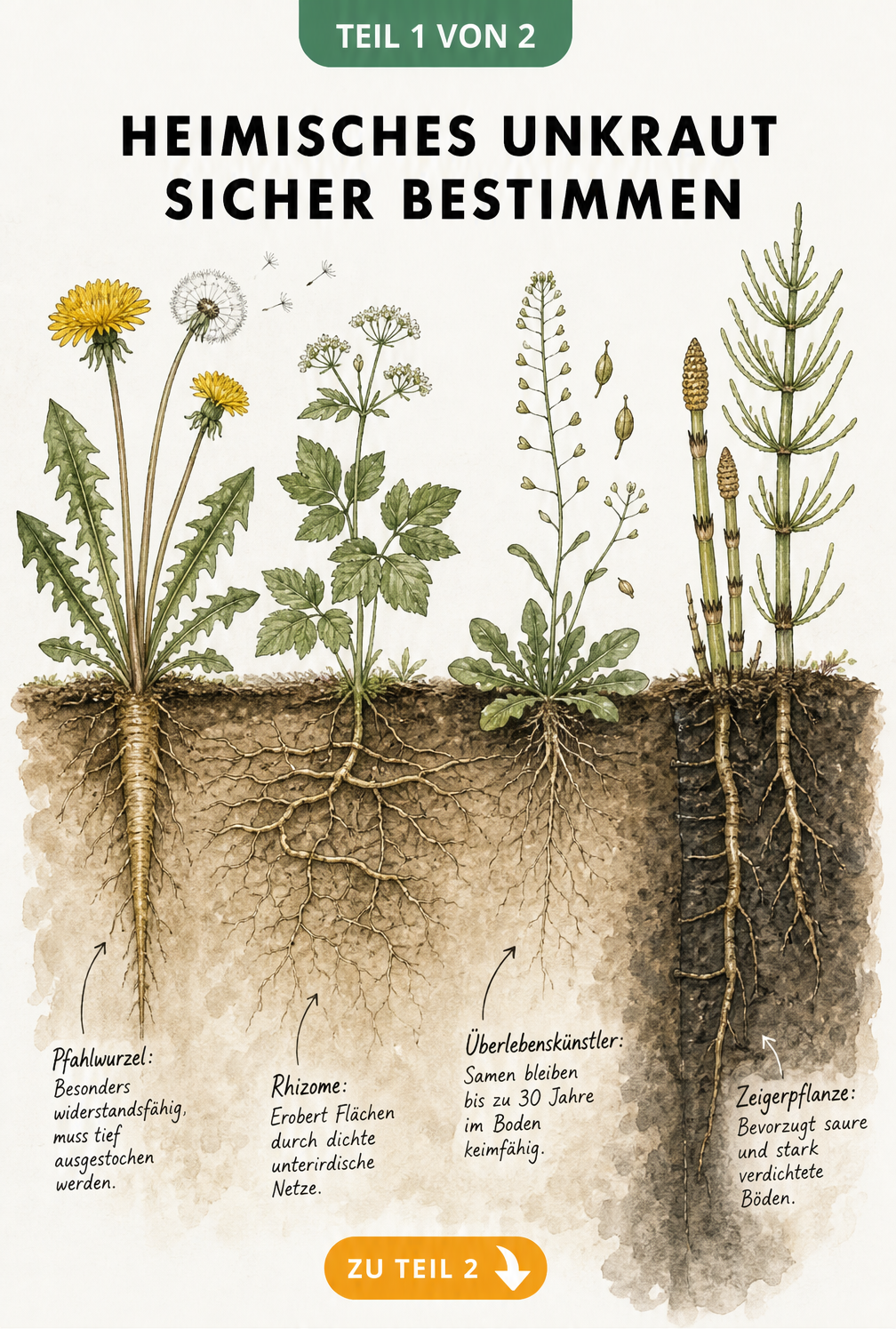 Botanischer Erdschnitt mit vier Unkrautarten: Löwenzahn, Giersch, Hirtentäschelkraut und Acker-Schachtelhalm mit ihren Wurzelsystemen.