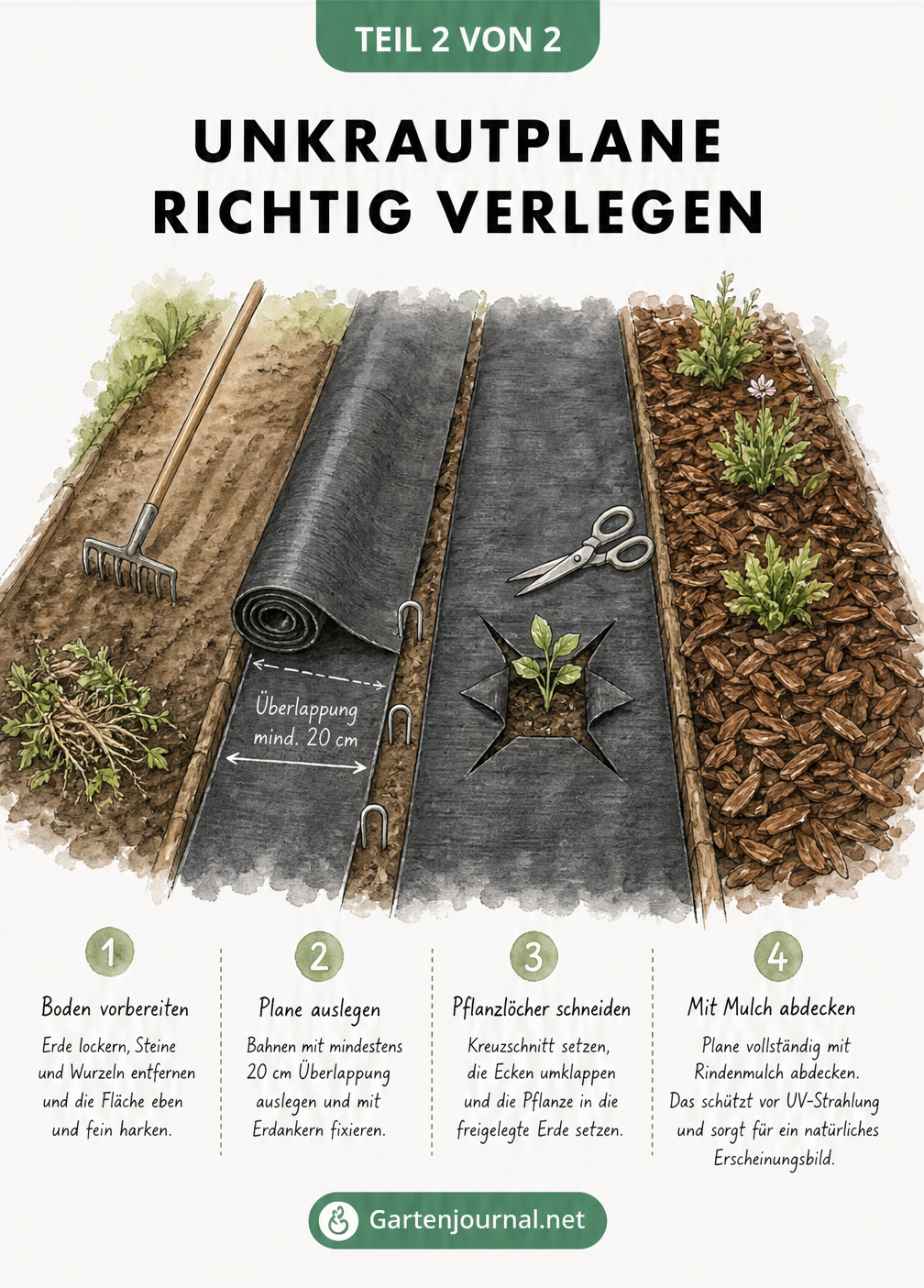 Vier Schritte zum Verlegen einer Unkrautplane im Gartenbeet