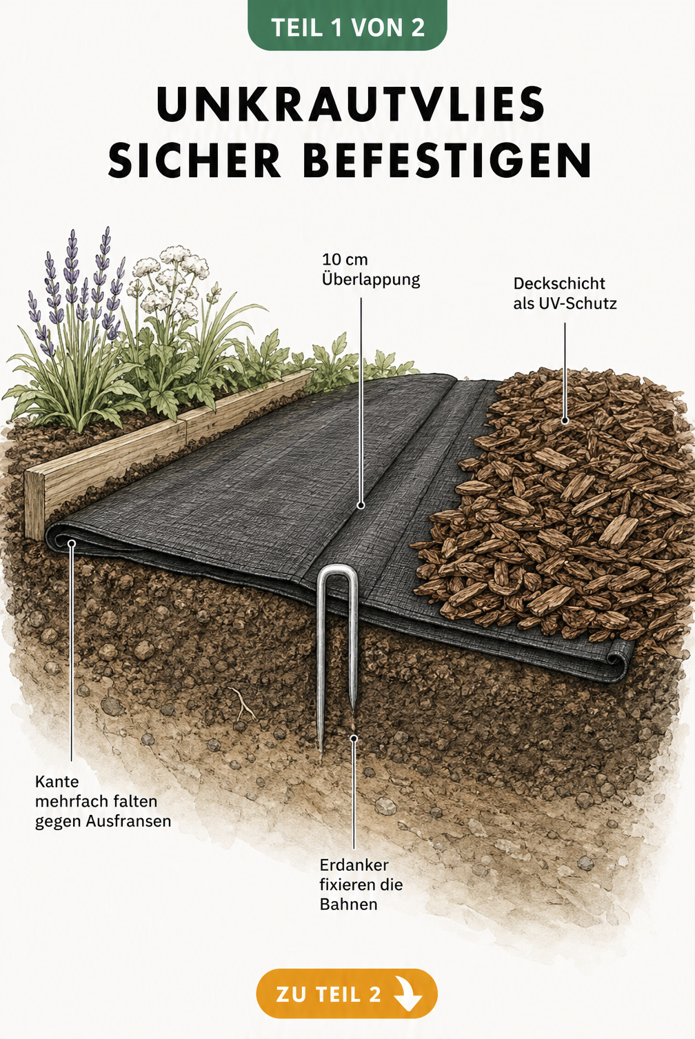 Querschnitt eines Gartenbeets mit Unkrautvlies, Erdanker und Rindenmulch