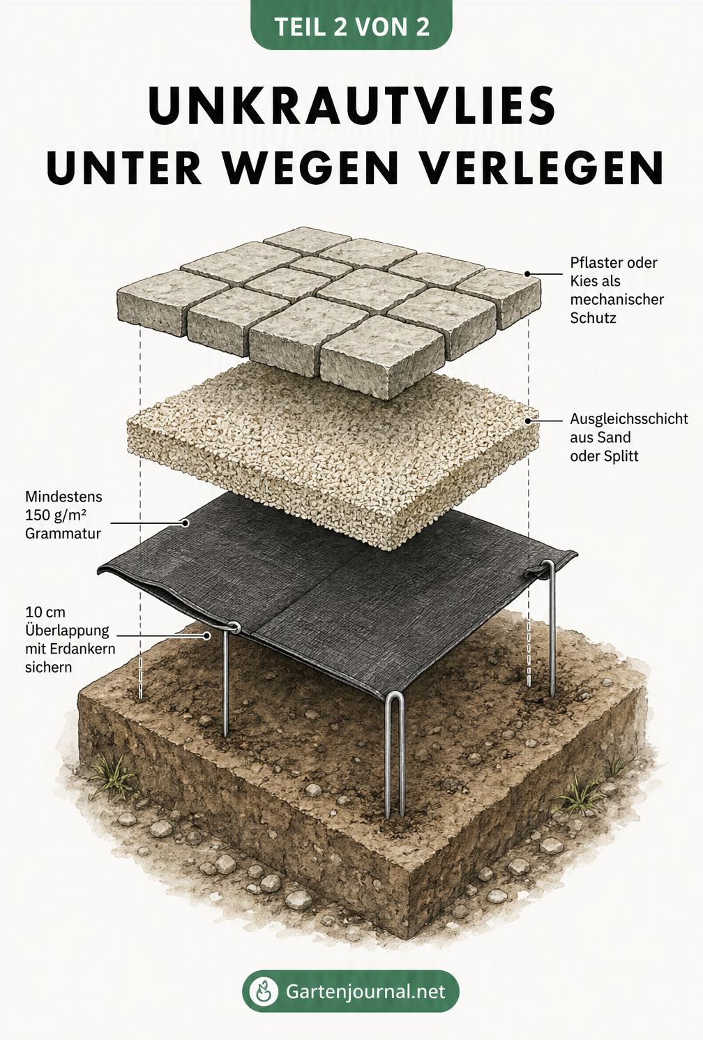 Explosionsgrafik eines Gartenweges mit Unkrautvlies, Splitt und Pflastersteinen