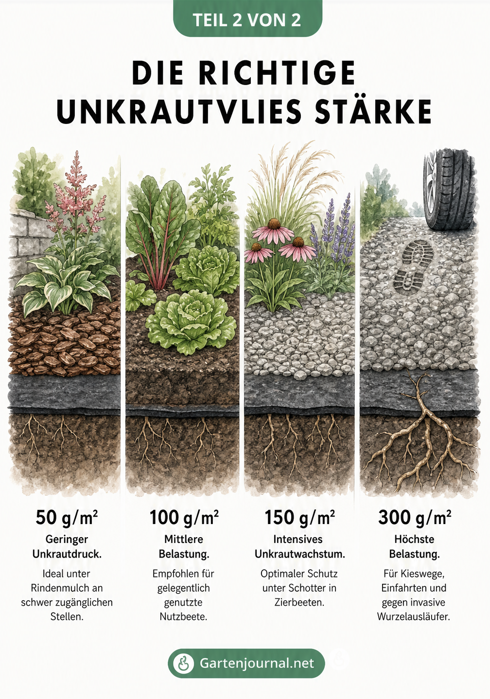 Vier Gartenszenarien im Querschnitt, die die richtige Stärke von Unkrautvlies für Rindenmulch, Gemüsebeete, Zierbeete und Kieswege zeigen.