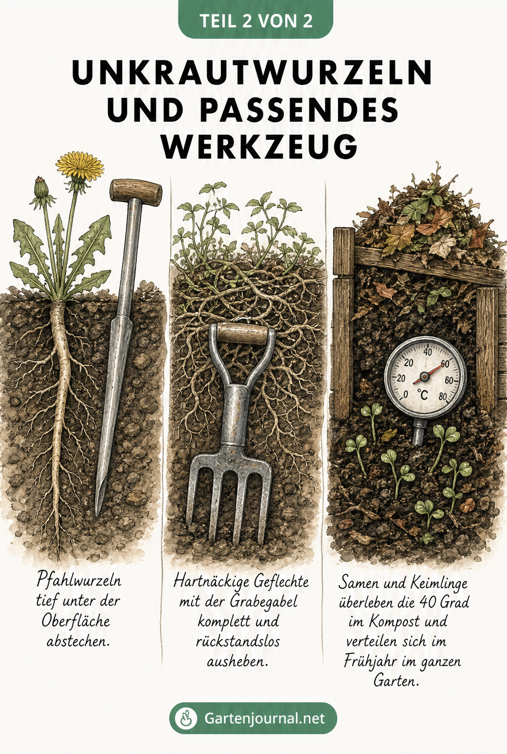 Botanische Lehrtafel mit Unkrautwurzeln: Pfahlwurzeln von Löwenzahn, Wurzelgeflecht von Giersch und Unkrautsamen im Kompost mit passendem Werkzeug.