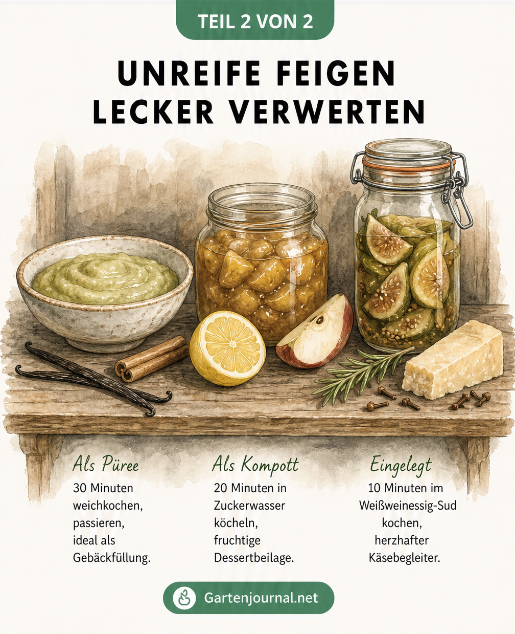 Aquarell-Illustration von drei Gefäßen mit Feigenpüree, Feigenkompott und in Essig eingelegten Feigen auf einem Holzregal.