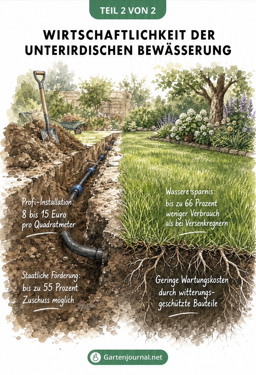 Zweigeteilte Illustration eines Gartens, die Installationskosten und langfristige Ersparnisse einer unterirdischen Bewässerung vergleicht