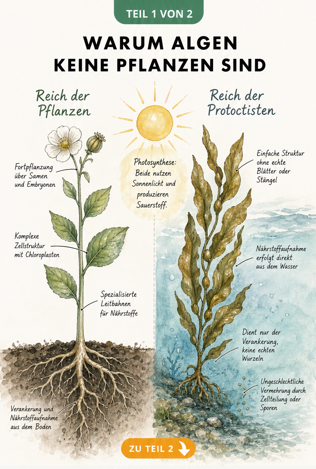 Botanische Gegenüberstellung von Landpflanze und Makroalge mit Erklärungen zu den anatomischen Unterschieden