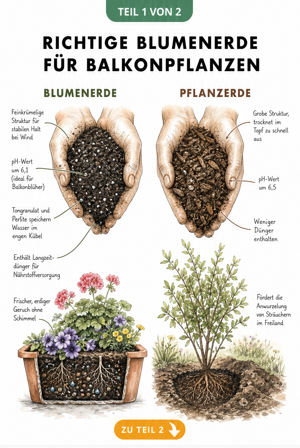 Gegenüberstellung von Blumenerde und Pflanzerde in zwei Händen mit Erklärungen zu Struktur und pH-Wert