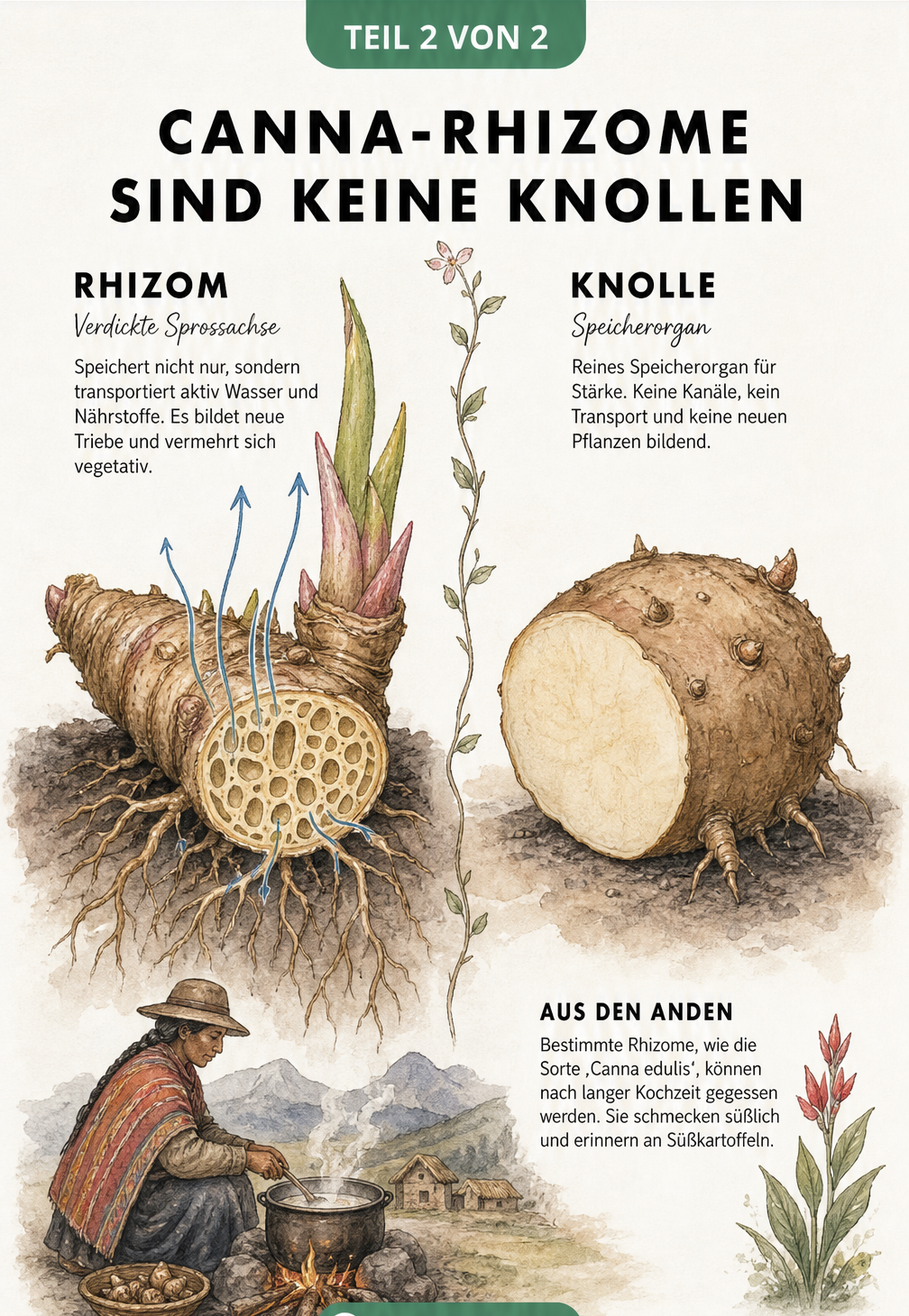 Gegenüberstellung von Canna-Rhizom und Knolle im Querschnitt mit Nährstoffkanälen
