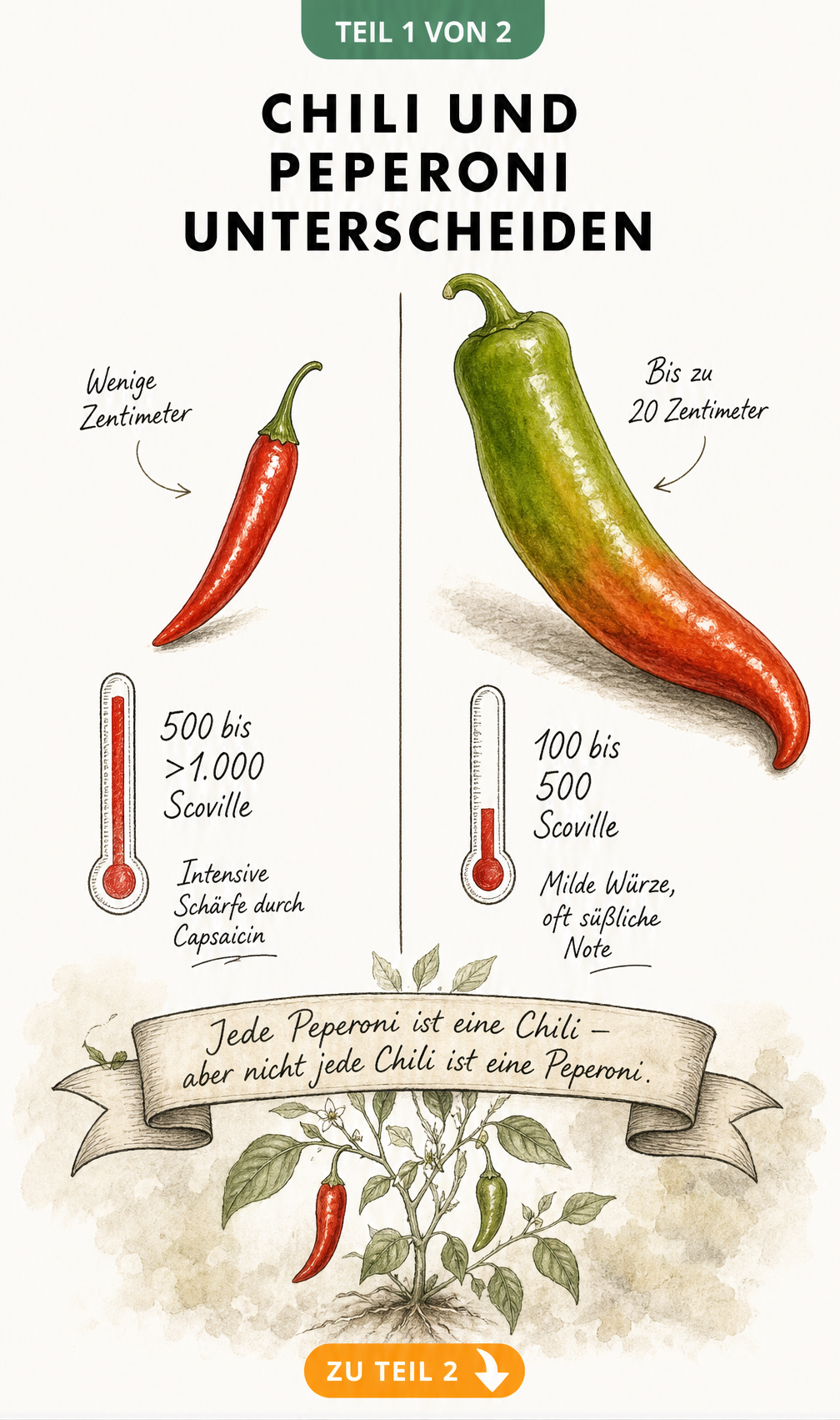 Botanische Illustration einer kleinen roten Chili und einer großen Peperoni mit Scoville-Skala