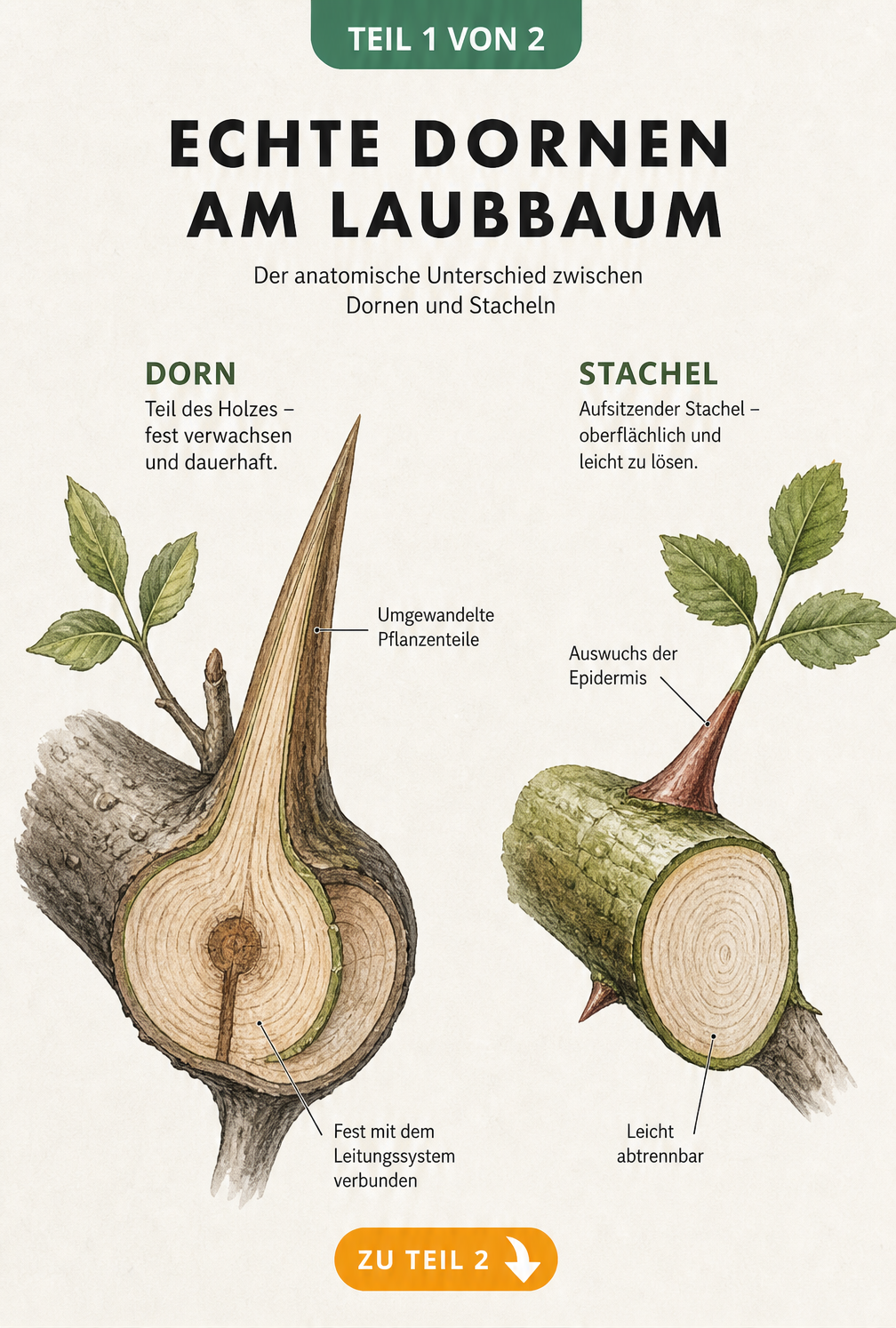 Botanische Illustration des Unterschieds zwischen echten Dornen und Stacheln an einem Laubbaum