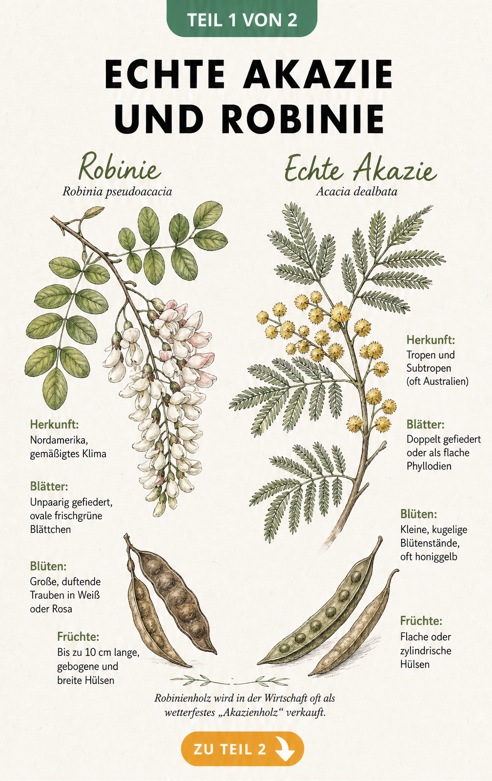 Botanische Illustration der Unterschiede zwischen echter Akazie und Robinie mit Blättern, Blüten und Früchten