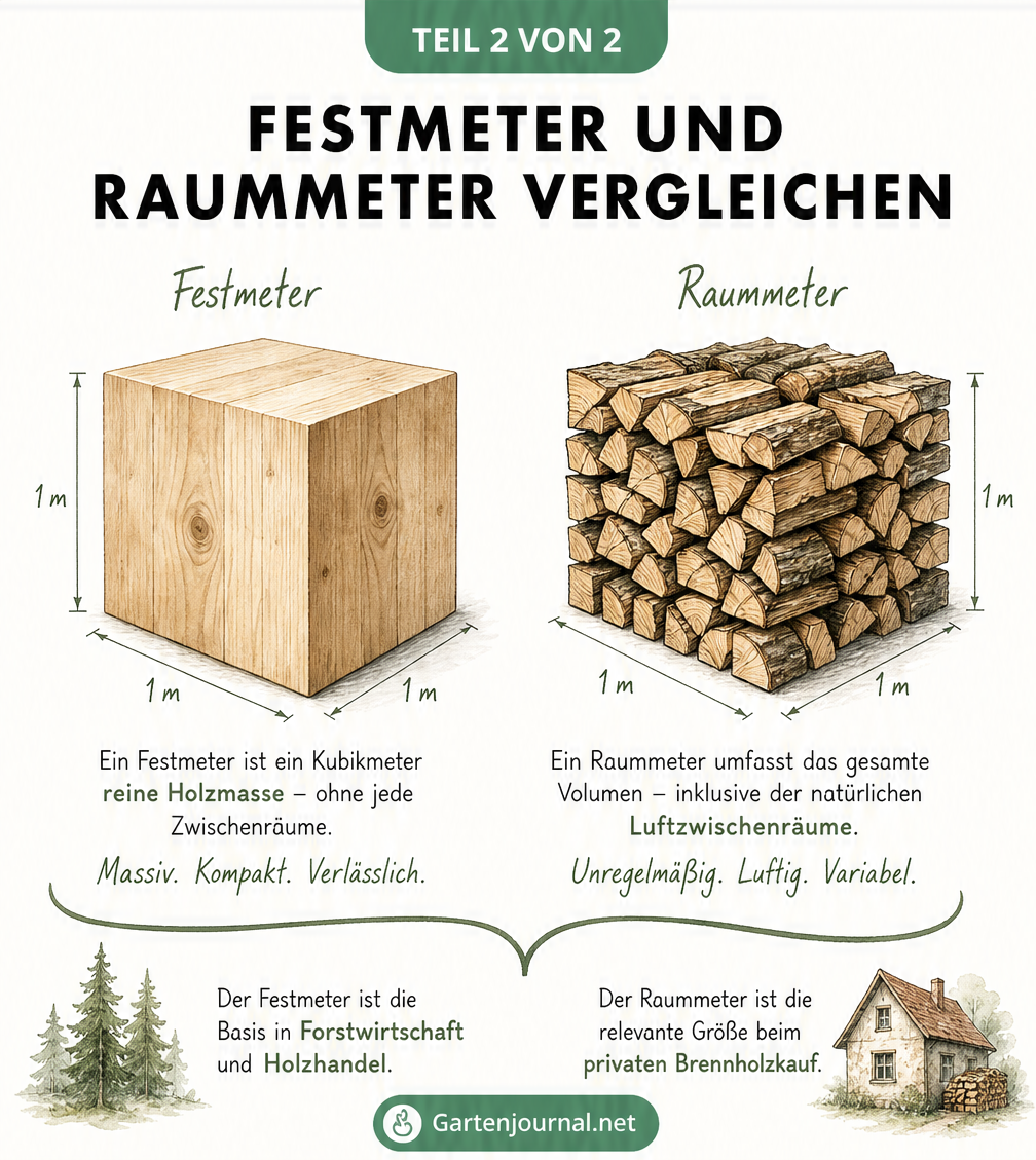 Gegenüberstellung eines massiven Holzwürfels als Festmeter und eines gestapelten Holzscheit-Würfels mit Hohlräumen als Raummeter.