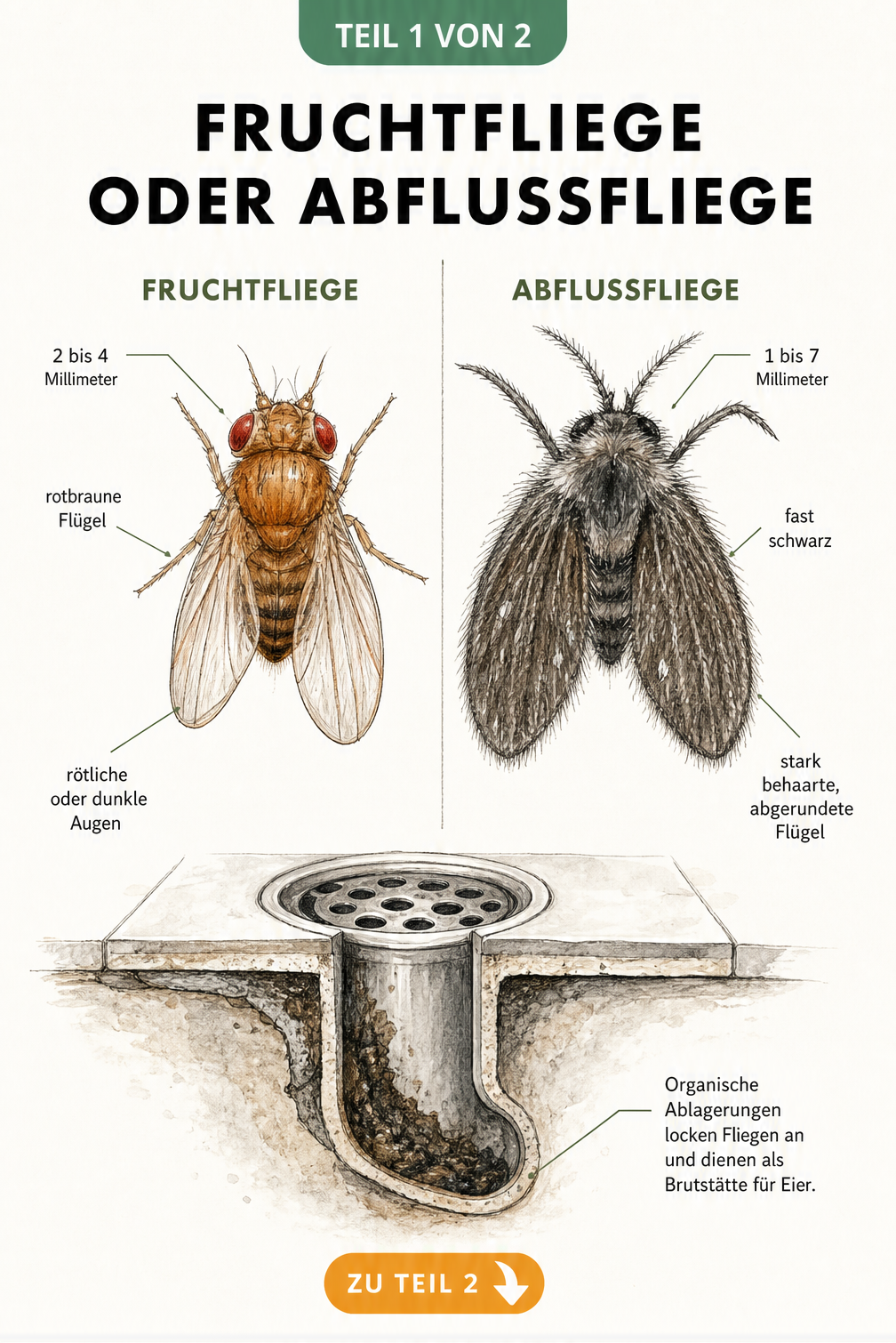 Illustration der Unterschiede zwischen Fruchtfliege und Abflussfliege sowie Querschnitt eines Abflussrohrs mit organischen Ablagerungen