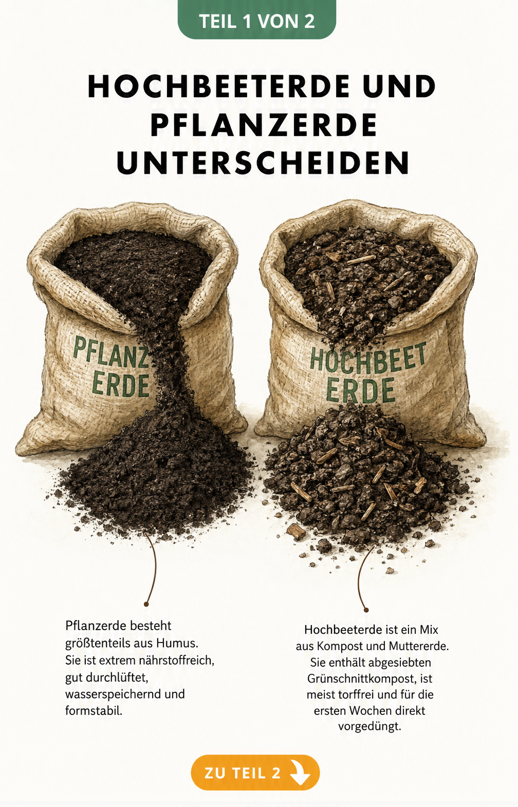 Illustration zweier Jutesäcke, die den Unterschied zwischen feiner Pflanzerde und grober Hochbeeterde zeigen