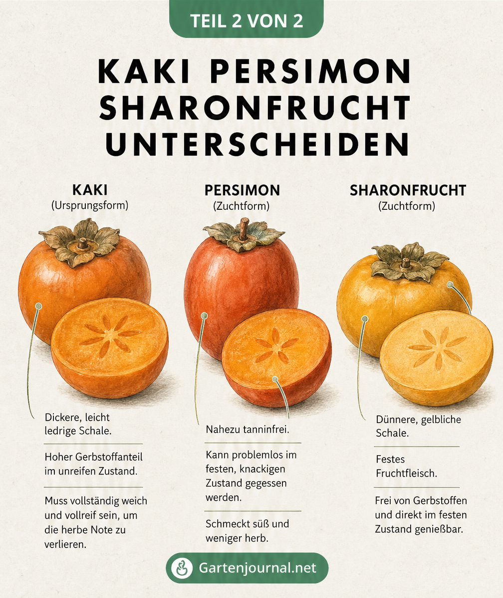 Querschnitt und ganze Frucht von Kaki, Persimon und Sharonfrucht im Vergleich