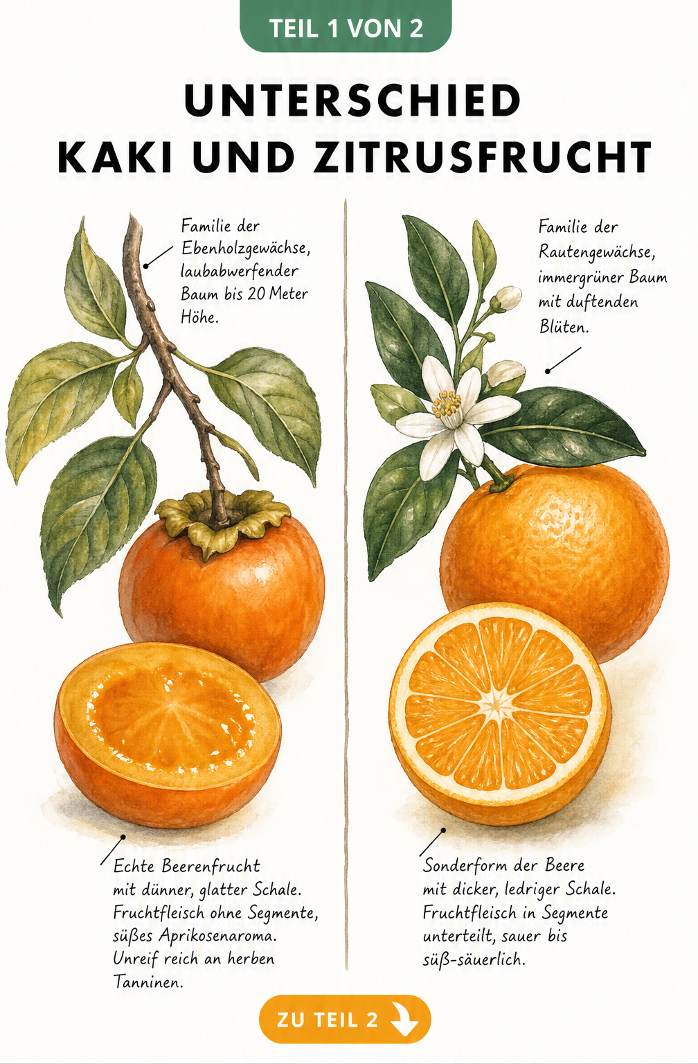 Botanische Illustration: Vergleich von Kaki und Orange mit Blättern und aufgeschnittenen Früchten