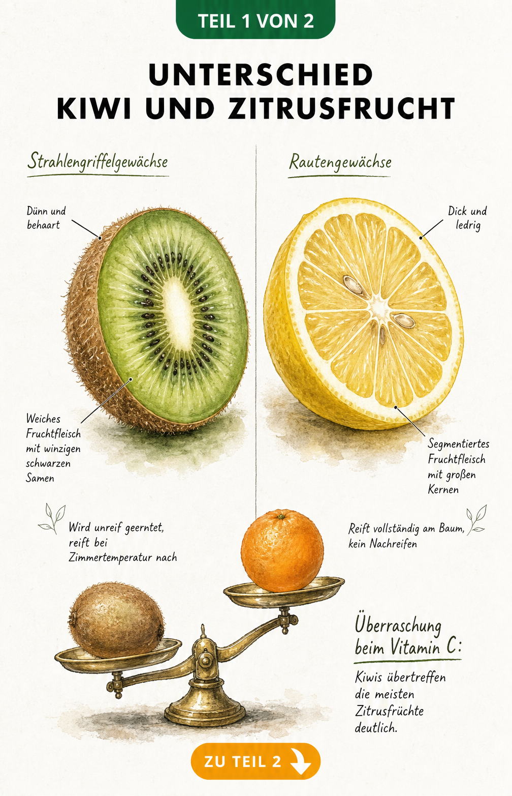 Botanische Gegenüberstellung von Kiwi und Zitrone mit Erklärungen zu Schale, Fruchtfleisch und Ernte