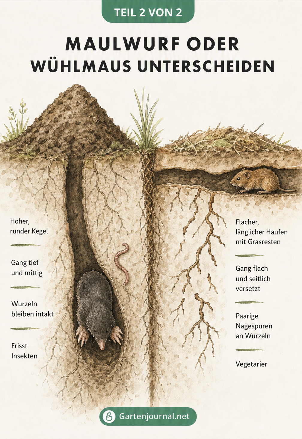 Vergleich der unterirdischen Gänge und Erdhügel von Maulwurf und Wühlmaus im Querschnitt.