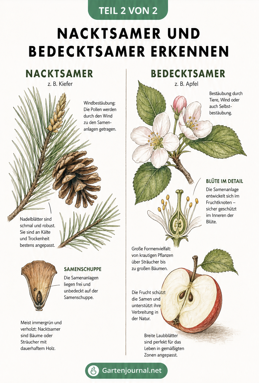 Vergleich von Nacktsamern und Bedecktsamern anhand eines Kiefernzweigs und eines Apfelzweigs