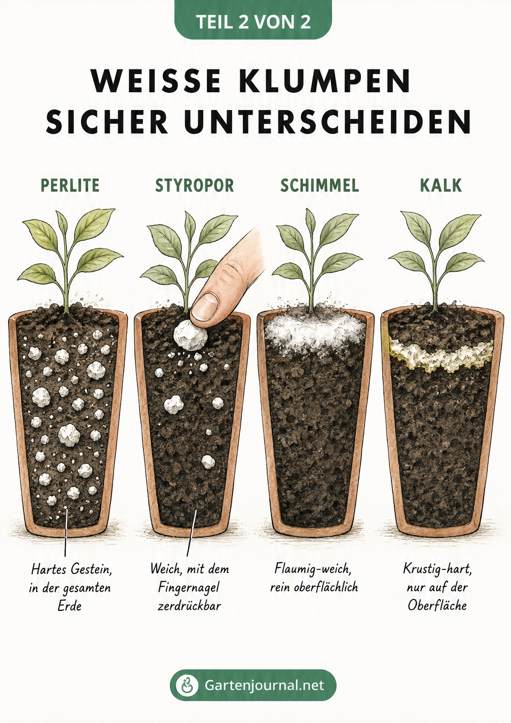 Vier Blumentöpfe im Querschnitt zeigen den Unterschied zwischen Perlite, Styropor, Schimmel und Kalk in der Erde